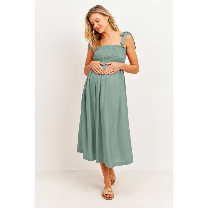 Tie Strap Smocked Maternity Midi Dress