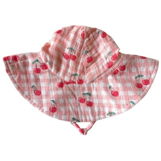 Gingham Cherries / Muslin Wide Brim Sunhat