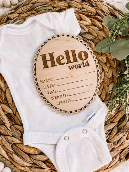 Hello World Birth Stat Sign - Scalloped Edge - Retro Font