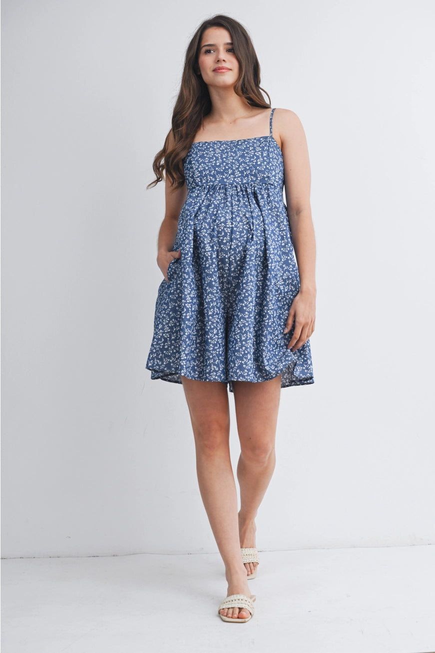 Floral Smocked Maternity Romper with Pockets - Blue