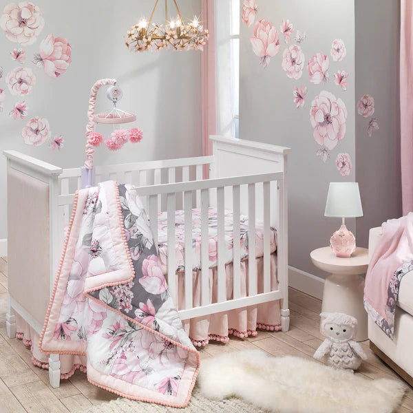 Signature Botanical Baby Pink Floral Nursery Lamp with Shade & Bulb