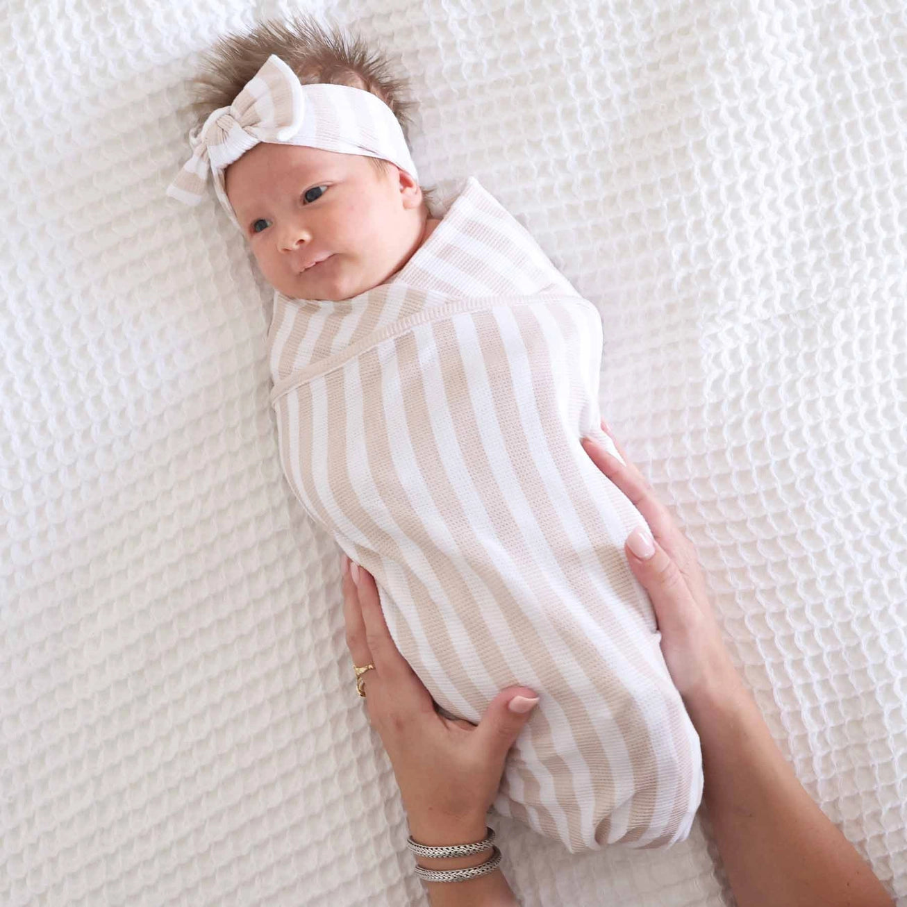 Bamboo Waffle Oversized Swaddle Blanket | Latte Stripes