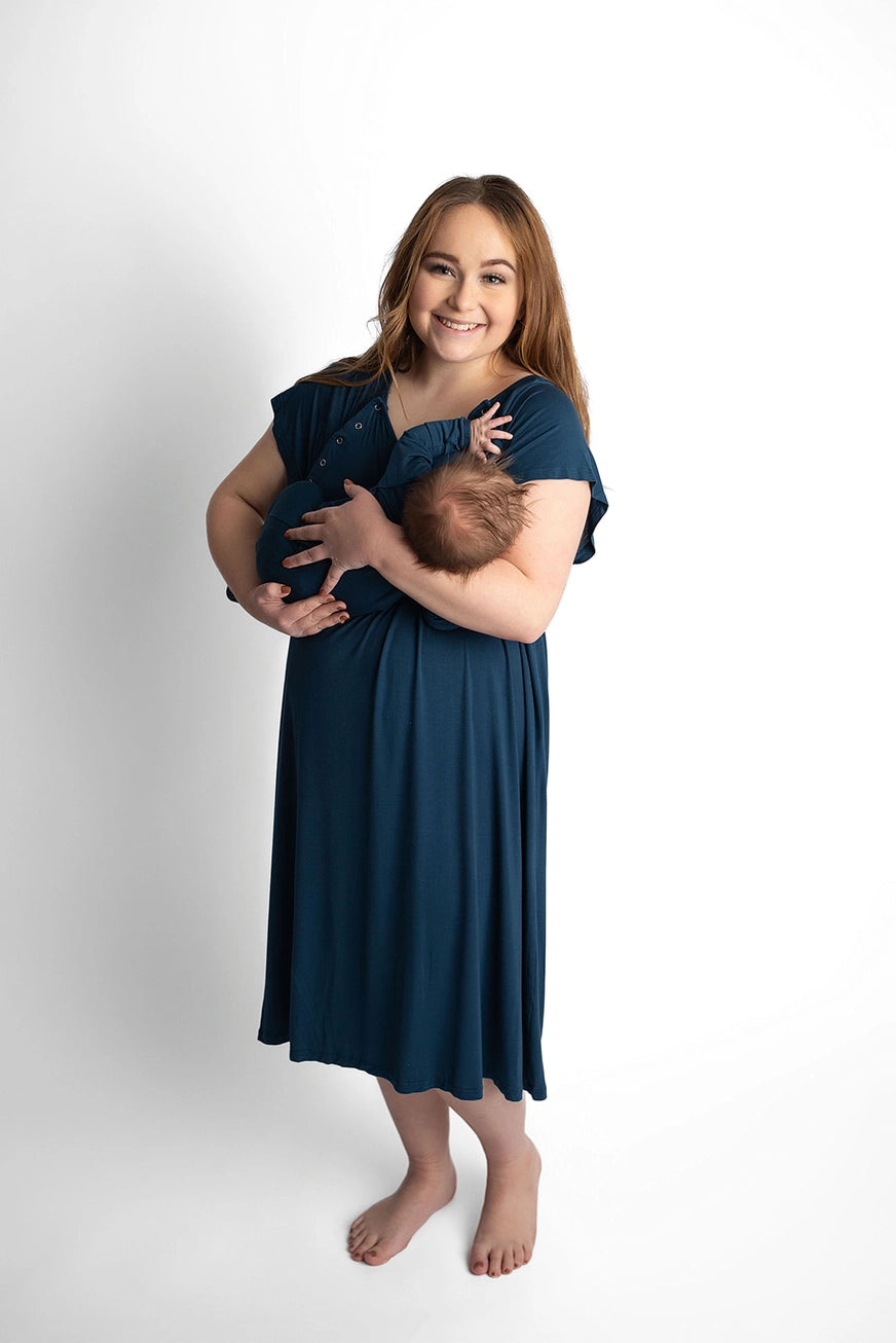 Maternity Mommy Labor and Delivery/ Nursing Gown - Navy Blue