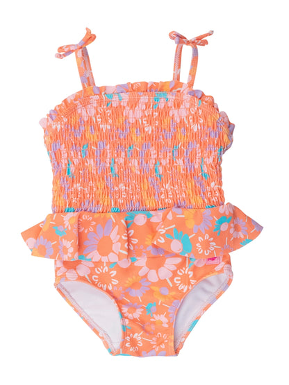 Girls Coral Floral Peplum Smocked Bodice One Piece