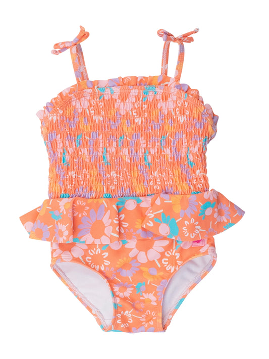 Girls Coral Floral Peplum Smocked Bodice One Piece