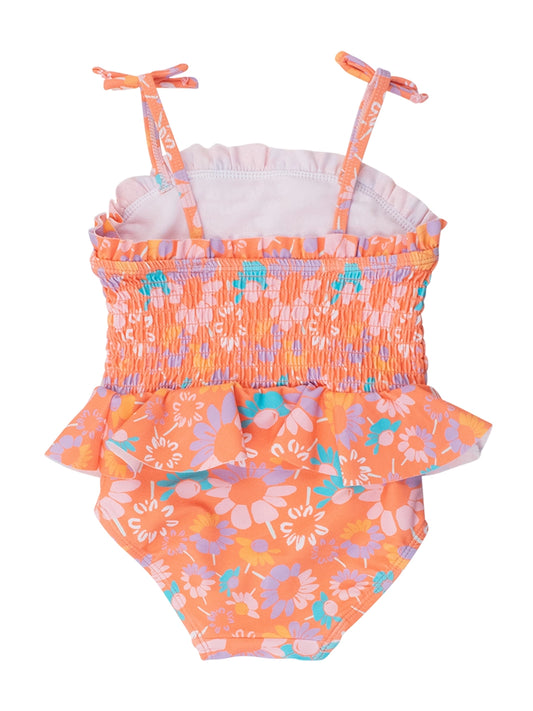 Girls Coral Floral Peplum Smocked Bodice One Piece