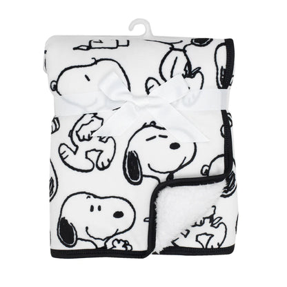 Classic Snoopy Minky and Faux Shearling Baby Blanket - White/Black