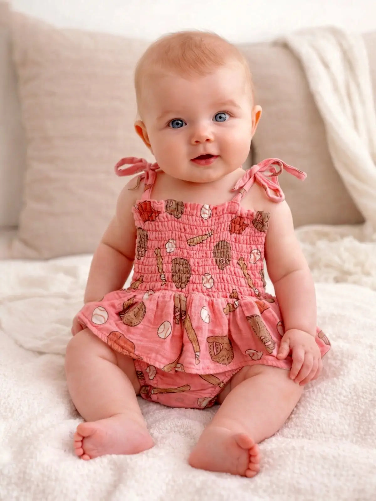 Muslin Smocked Bubble w/ Skirt - Baseball Pink