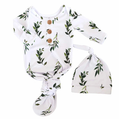 Newborn Baby Knot Gown & Hat Set | Olive Leaf