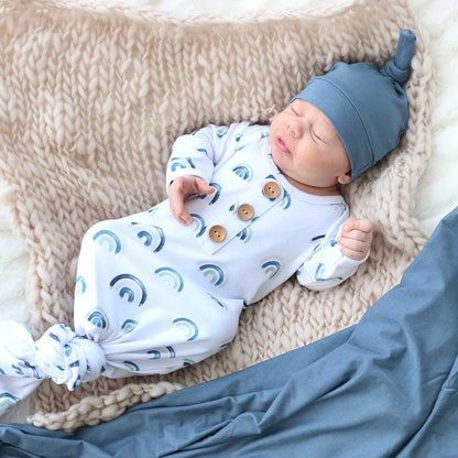 Newborn Baby Knot Gown & Hat Set | Brooks' Blue Rainbows