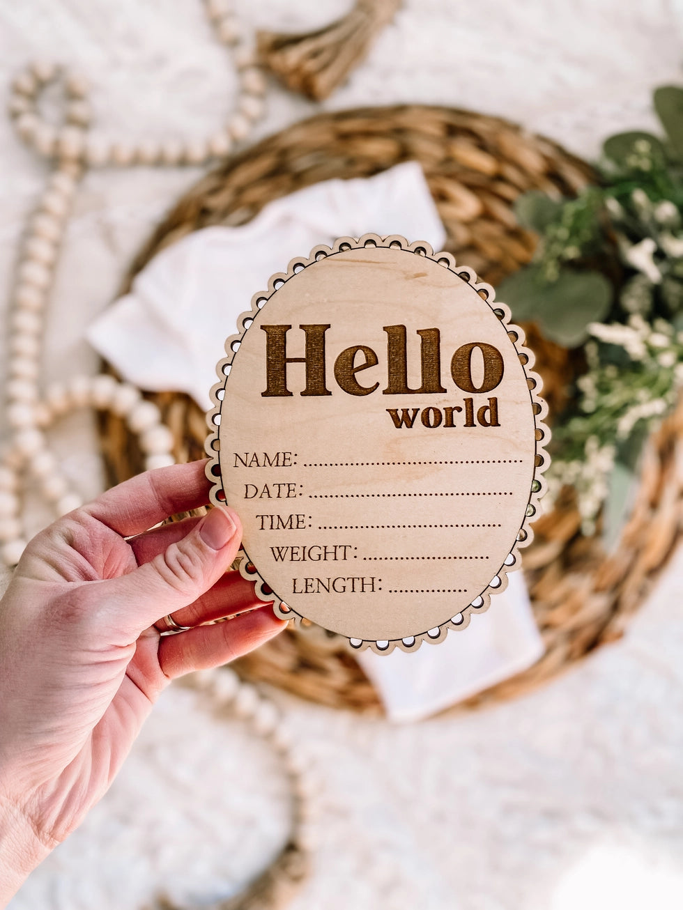 Hello World Birth Stat Sign - Scalloped Edge - Retro Font