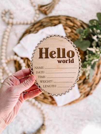 Hello World Birth Stat Sign - Scalloped Edge - Retro Font