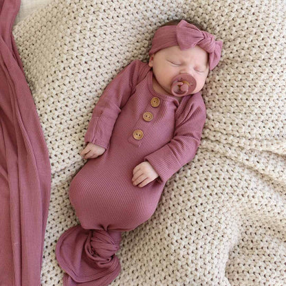 Waffle Newborn Baby Knot Gown & Hat Set | Boysenberry Bamboo