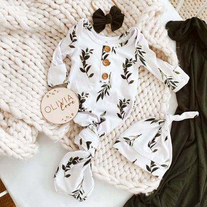 Newborn Baby Knot Gown & Hat Set | Olive Leaf