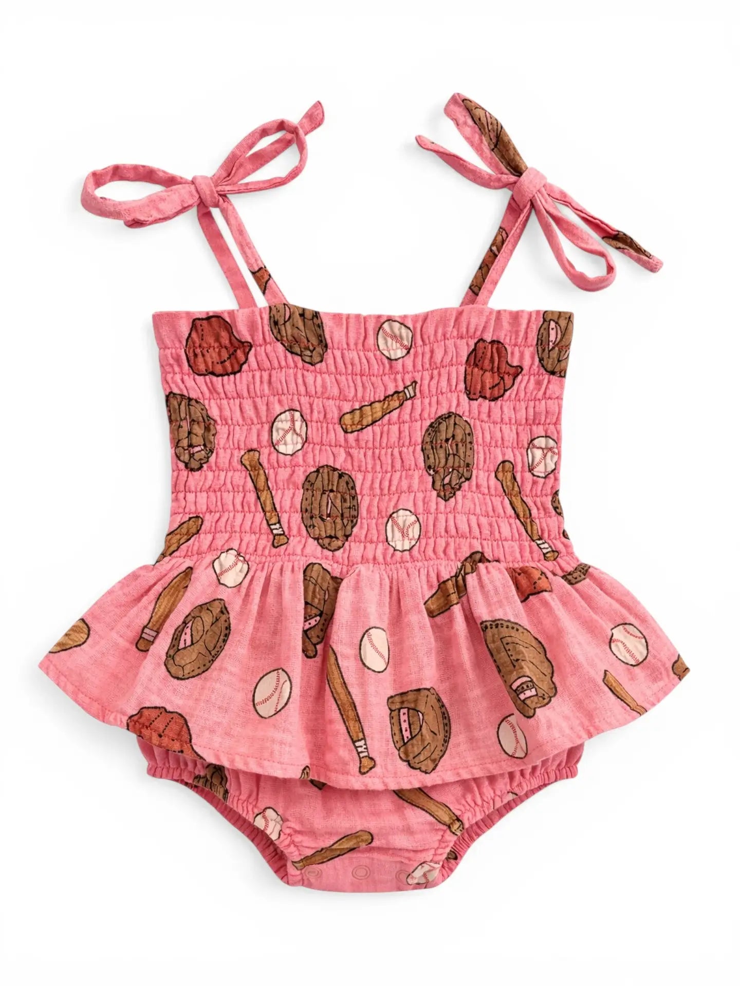 Muslin Smocked Bubble w/ Skirt - Baseball Pink