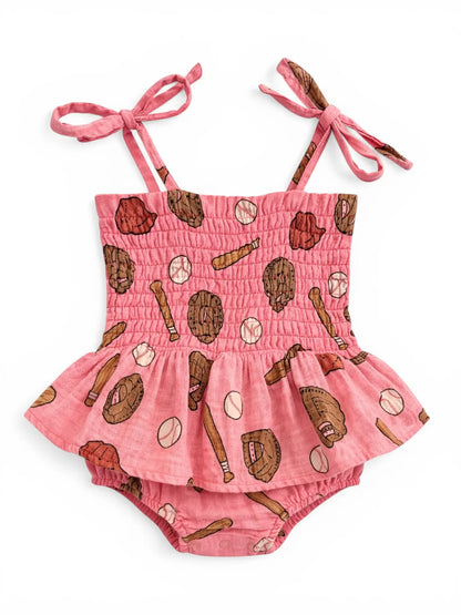 Muslin Smocked Bubble w/ Skirt - Baseball Pink