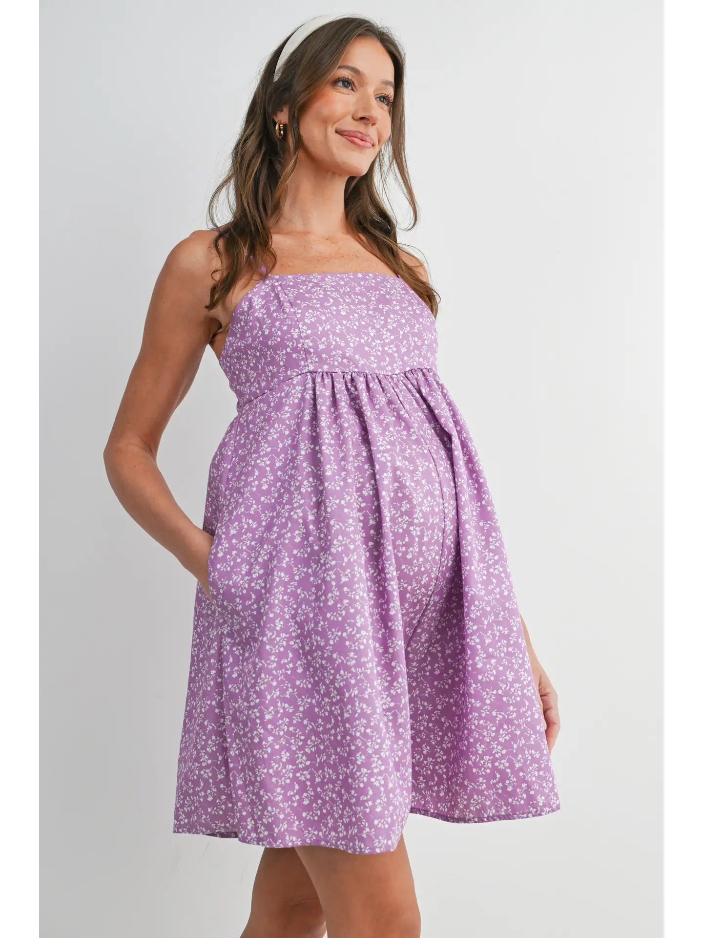 Floral Smocked Maternity Romper with Pockets - Lilac