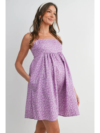Floral Smocked Maternity Romper with Pockets - Lilac