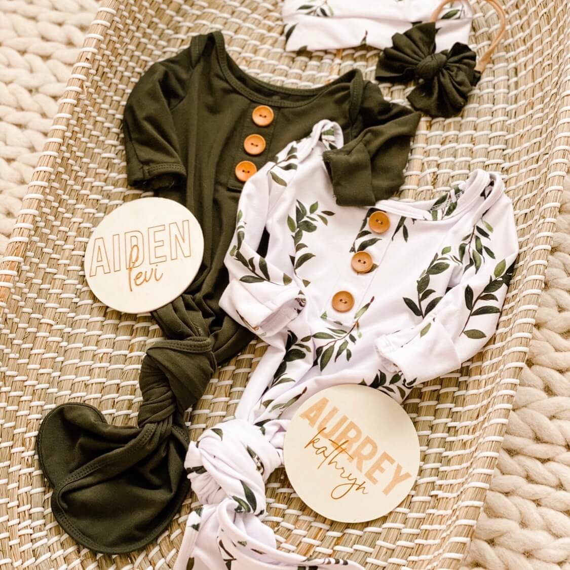 Newborn Baby Knot Gown & Hat Set | Olive Leaf