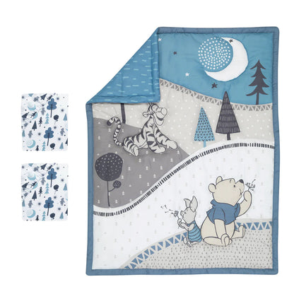 Disney Baby Forever Pooh Blue/Gray 3-Piece Mini Crib Bedding Set