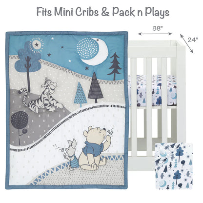 Disney Baby Forever Pooh Blue/Gray 3-Piece Mini Crib Bedding Set