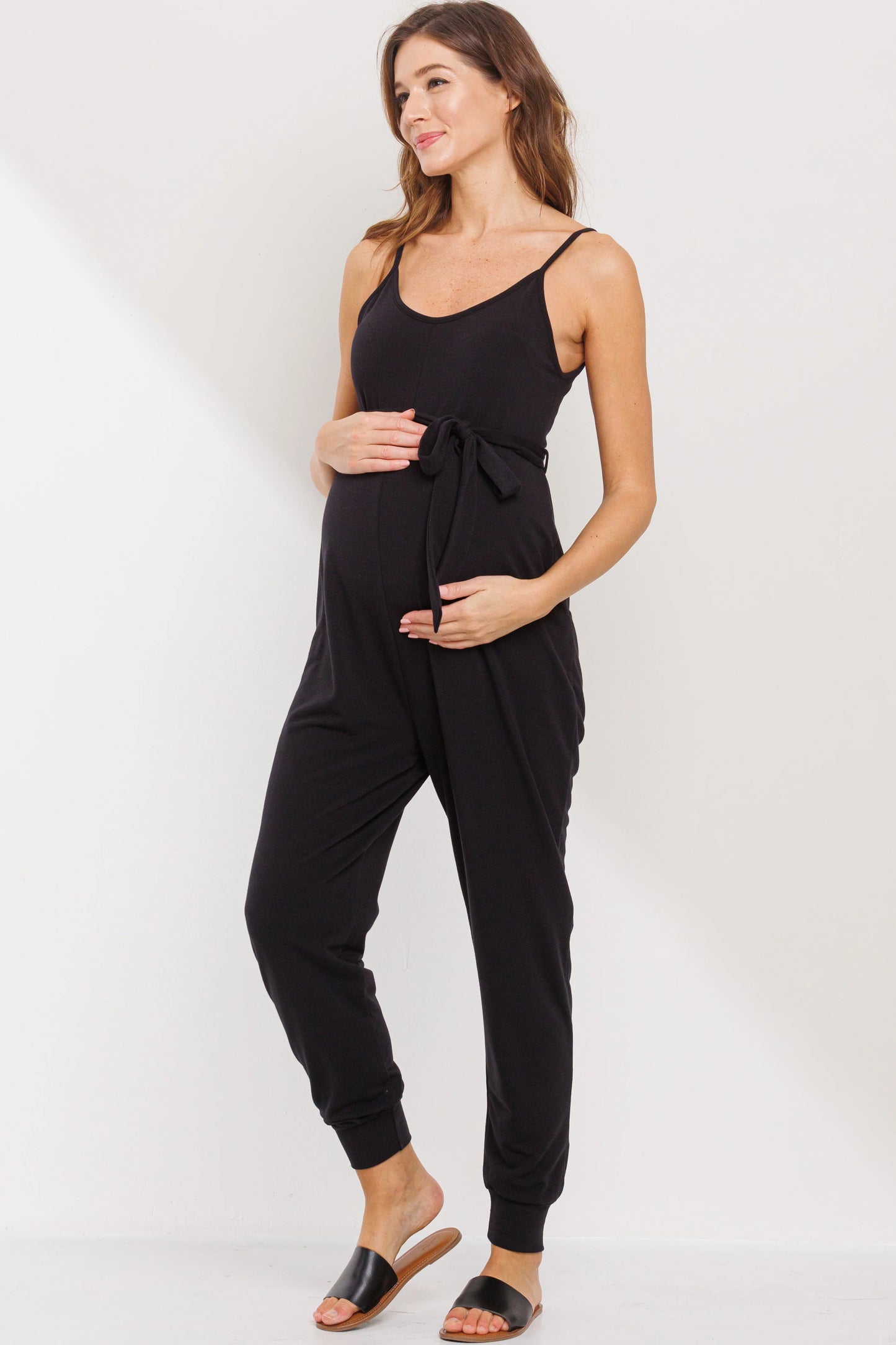 Sleeveless Belted Maternity Jumpsuit