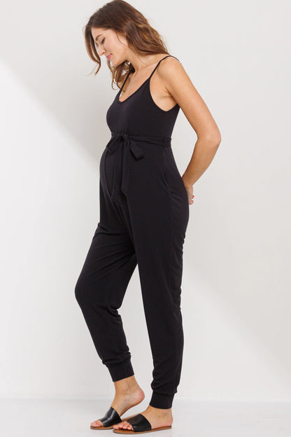 Sleeveless Belted Maternity Jumpsuit