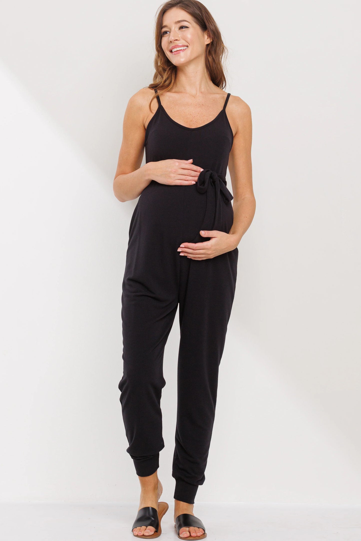 Sleeveless Belted Maternity Jumpsuit