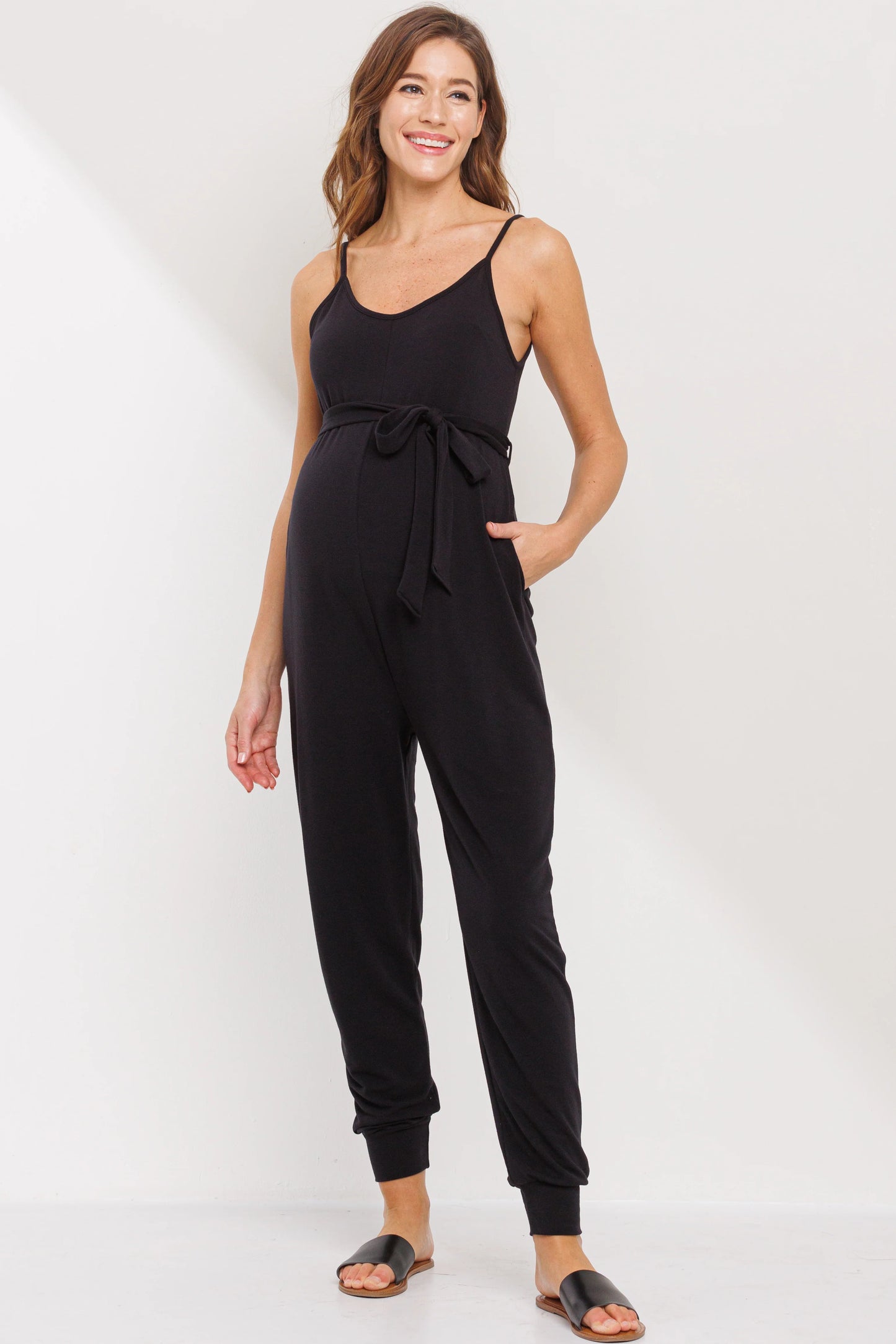 Sleeveless Belted Maternity Jumpsuit