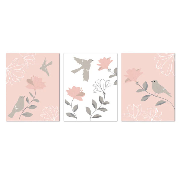 Petals Pink/Gray/White Floral/Birds 11 by 14 Unframed Wall Art 3pc
