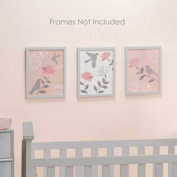 Petals Pink/Gray/White Floral/Birds 11 by 14 Unframed Wall Art 3pc