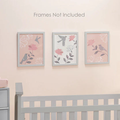 Petals Pink/Gray/White Floral/Birds 11 by 14 Unframed Wall Art 3pc