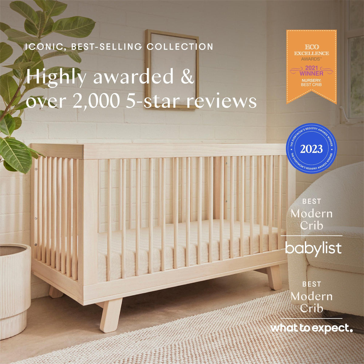 Babyletto Hudson 3-in-1 Convertible Crib with Toddler Bed Conversion Kit