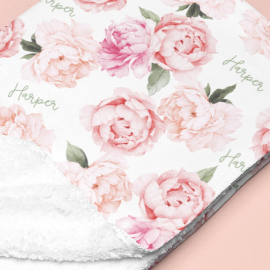 Sugar + Maple Sherpa-Lined Personalized Blanket | Peonies