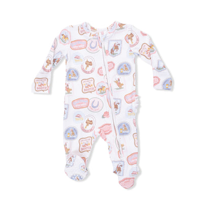 2 Way Ruffle Back Zipper Footie - Rodeo Patches Pink