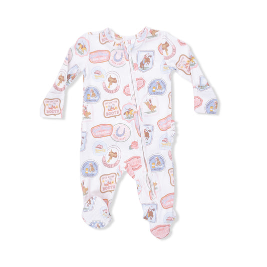 2 Way Ruffle Back Zipper Footie - Rodeo Patches Pink