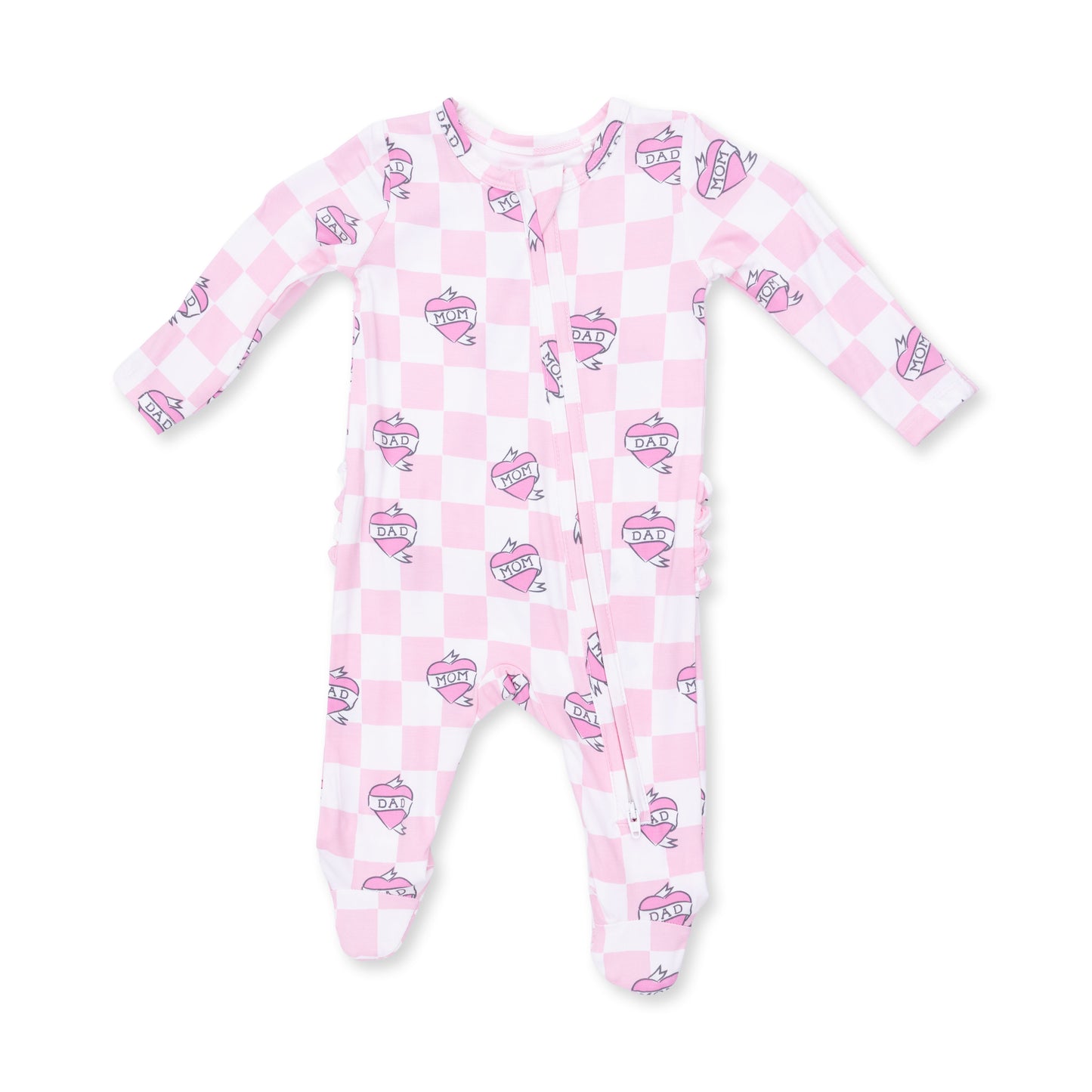 2 Way Ruffle Back Zipper Footie - Heart Tattoo Check Pink