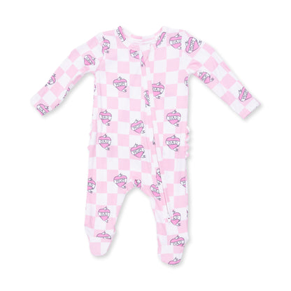 2 Way Ruffle Back Zipper Footie - Heart Tattoo Check Pink