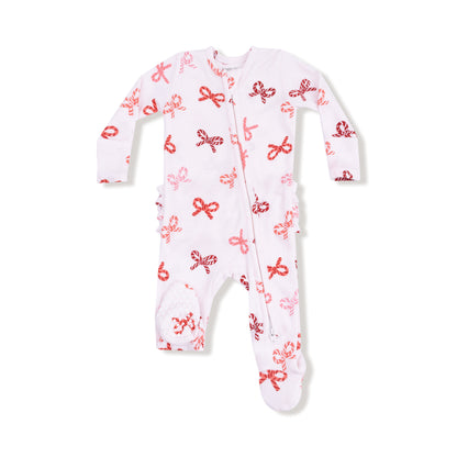2-Way Zipper Ruffle Back Footie - Candy Cane Bows