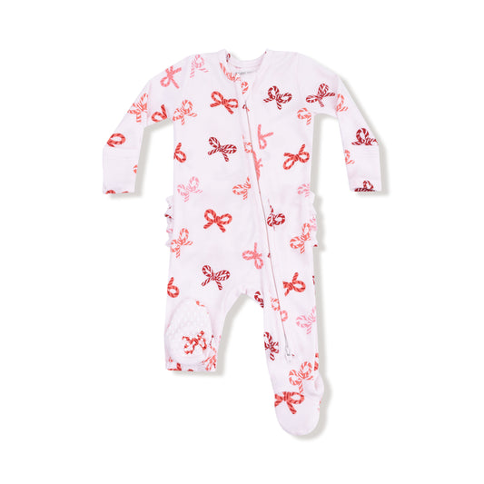 2-Way Zipper Ruffle Back Footie - Candy Cane Bows