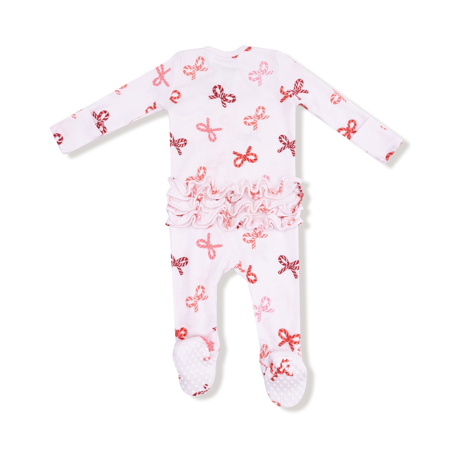2-Way Zipper Ruffle Back Footie - Candy Cane Bows