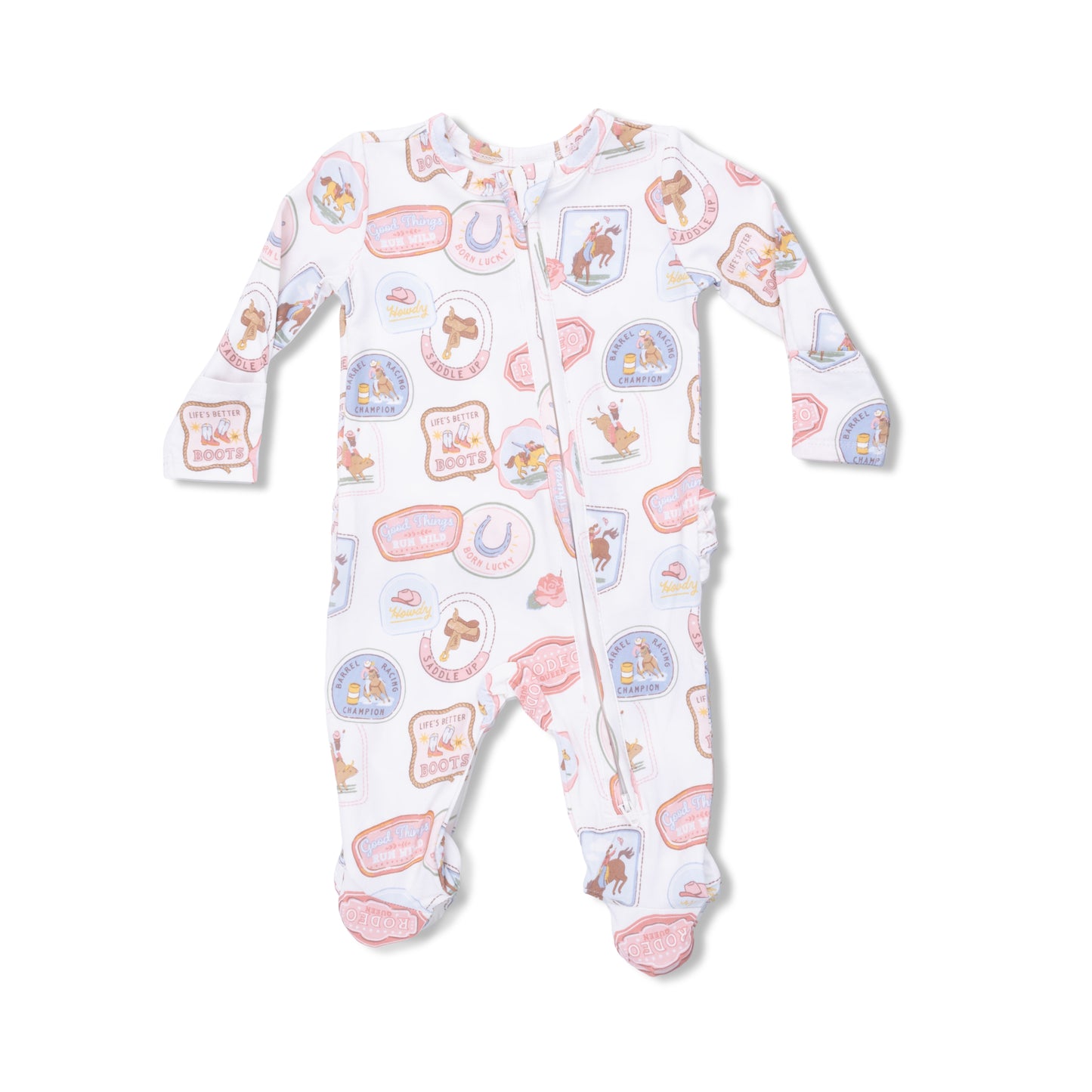 2 Way Ruffle Back Zipper Footie - Rodeo Patches Pink