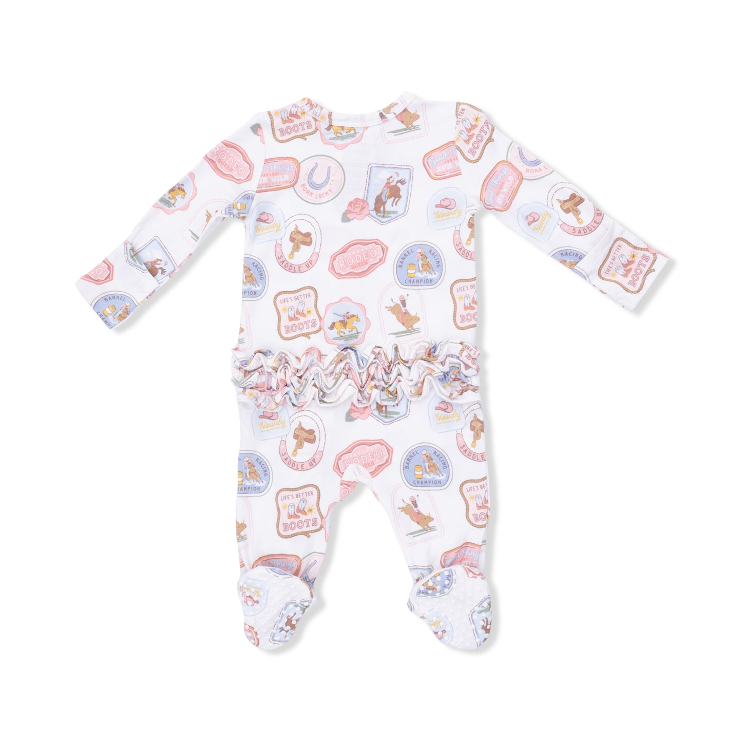 2 Way Ruffle Back Zipper Footie - Rodeo Patches Pink
