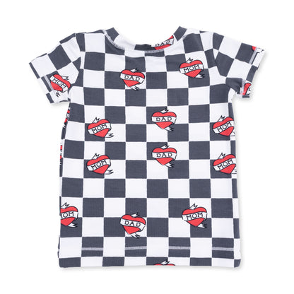 Short Sleeve Loungewear Set - Heart Tattoo Check Black