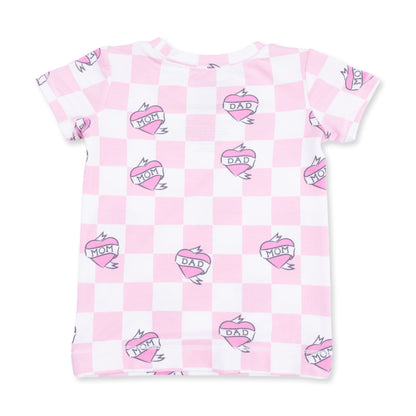 Short Sleeve Loungewear Set - Heart Tattoo Check Pink