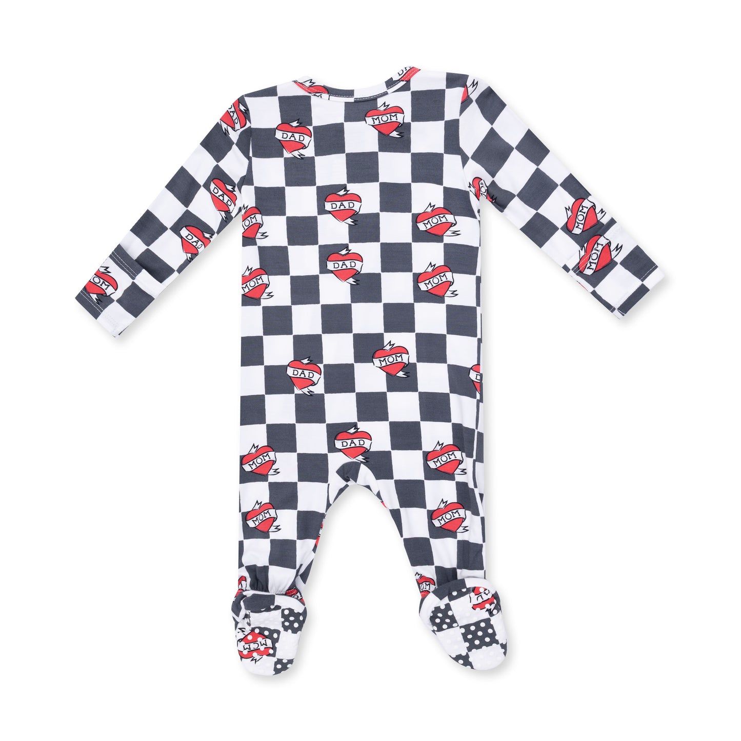 2 Way Zipper Footie - Heart Tattoo Check Black