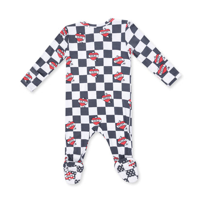 2 Way Zipper Footie - Heart Tattoo Check Black