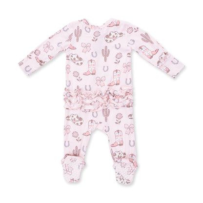 2 Way Ruffle Back Zipper Footie - Cowgirl Boots And Bows