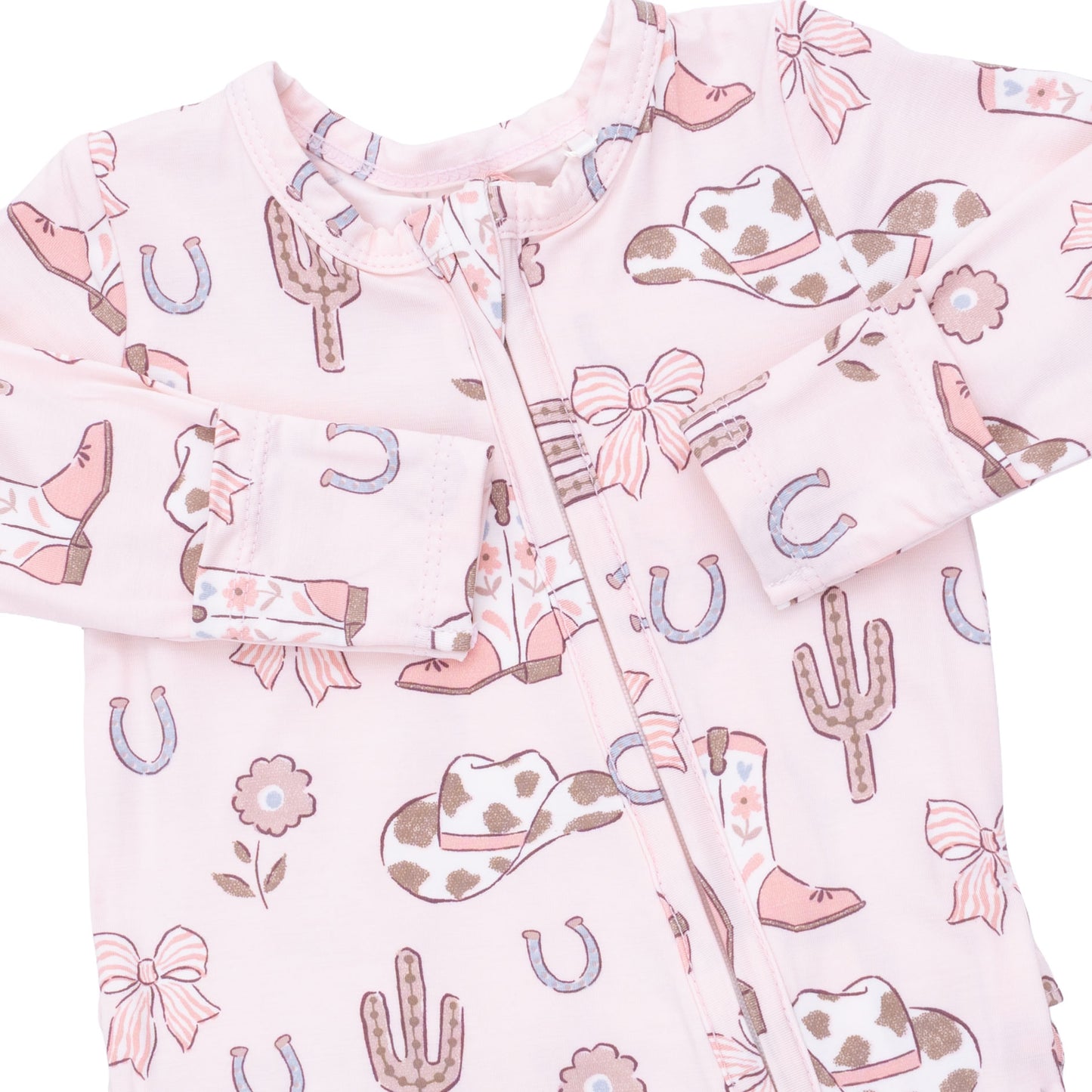 2 Way Ruffle Back Zipper Footie - Cowgirl Boots And Bows