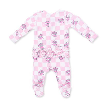 2 Way Ruffle Back Zipper Footie - Heart Tattoo Check Pink